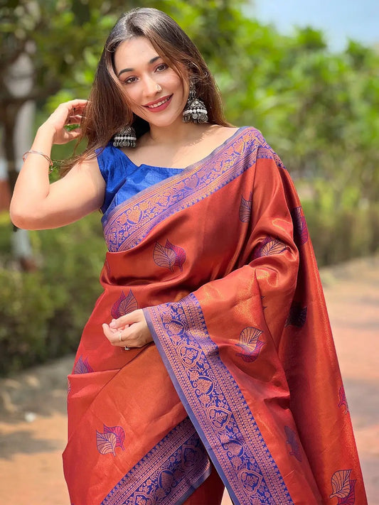 Rust Red Kanjivaram Tissue Saree With Gold Zari Weaving by My Store