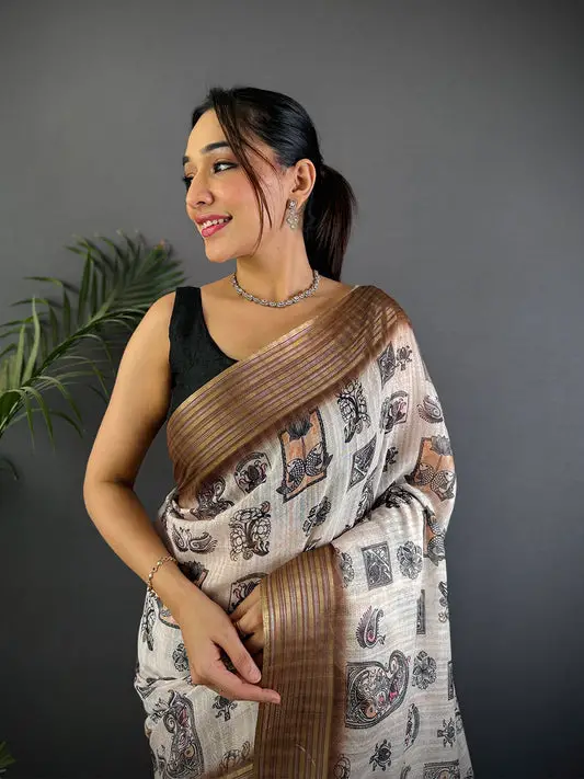 Beige Linen Digital Printed Saree