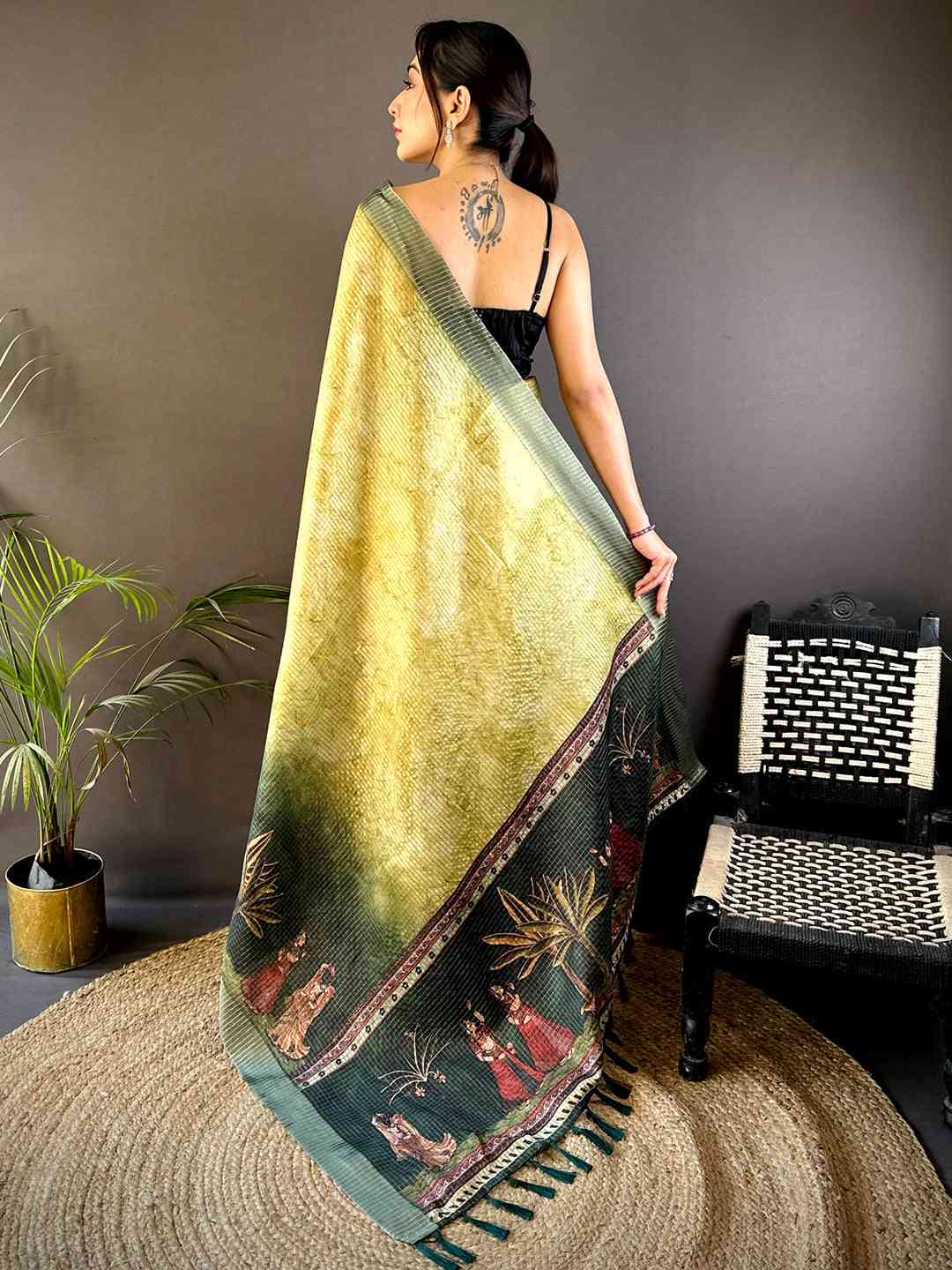 Olive Kalamkari Pichwai Black Check Saree by My Store