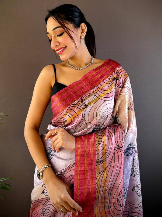 Purple Soft Silk Ocean Wave Patterns Saree by My Store