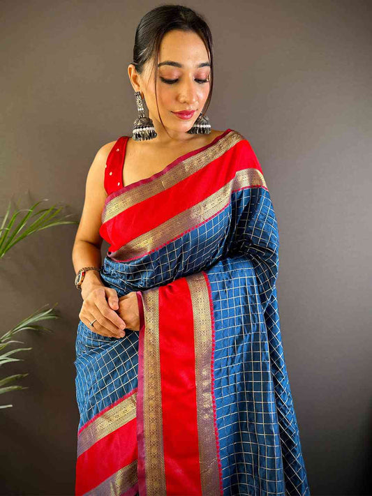 Royal Blue Silk Woven Kanchi Banarasi Saree by My Store