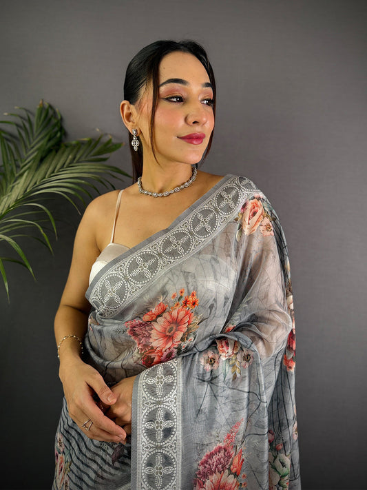 Grey Lakhnavi Linen Digital Print Saree by My Store