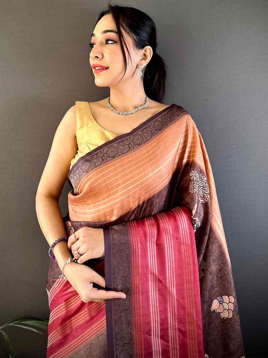 Brown Soft Crep Silk Ombre Print Saree by My Store