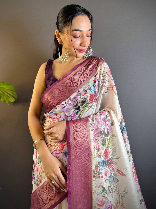 Cream Floral Cotton Rich Pallu Saree by My Store