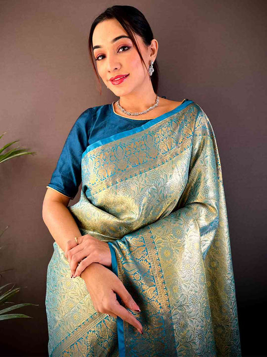 Gold Zari Floral Saree in Rama by My Store