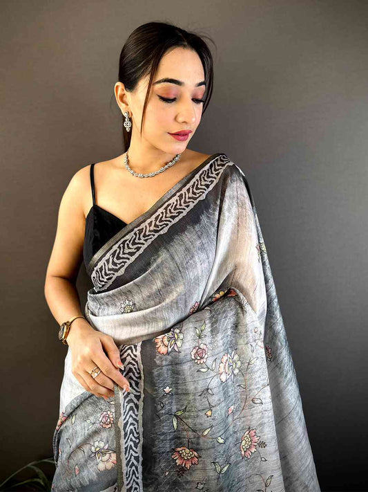 Grey Tissue Digital Print Saree by My Store