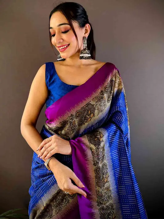 Blue Soft Silk Kalamkari Pallu Saree
