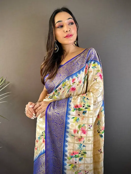 Blue Kovai Rettapet Border Digital Print Saree