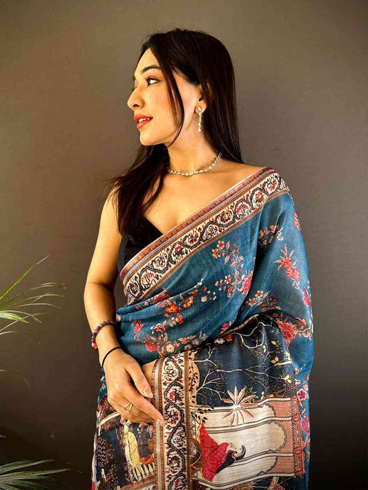 Deep Blue Tissue Chanderi Kalamkari Handprint Saree by My Store