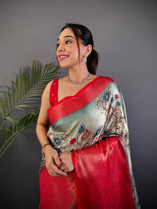 Sage Green Kalamkari Printed Soft Satin Saree by My Store