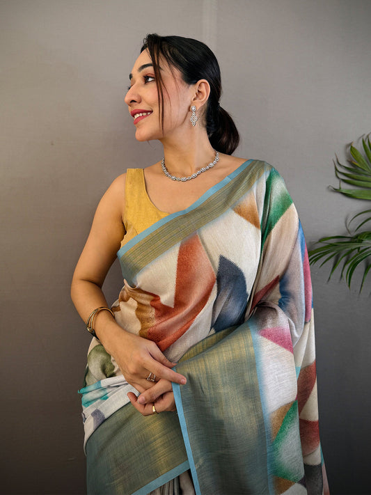 Sky Blue Geometric Kalamkari Linen Saree by My Store