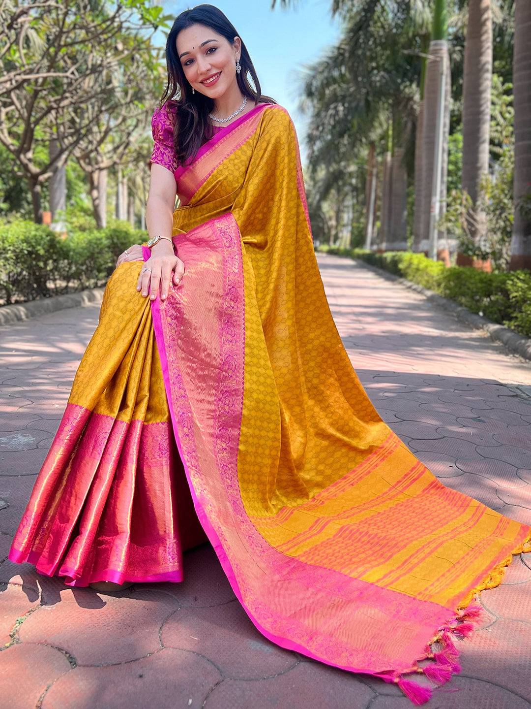Mustard Colour Kanjivaram Aura Soft Silk Saree With Broced Zari Blouse by My Store