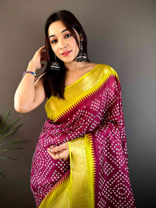 Pink Soft Manipuri Silk Bandhej Saree by My Store