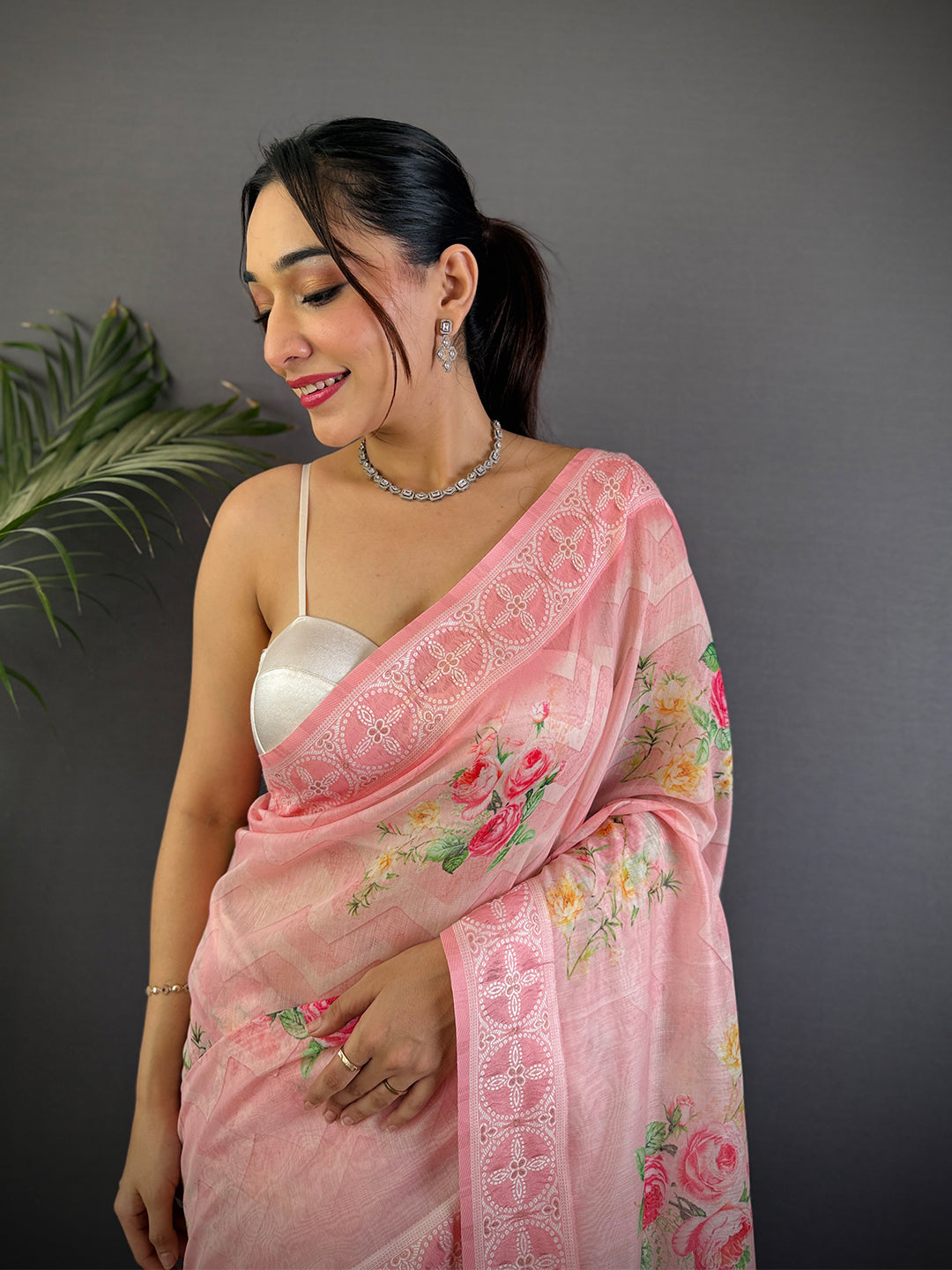 Light Pink Lakhnavi Linen Digital Print Saree by My Store