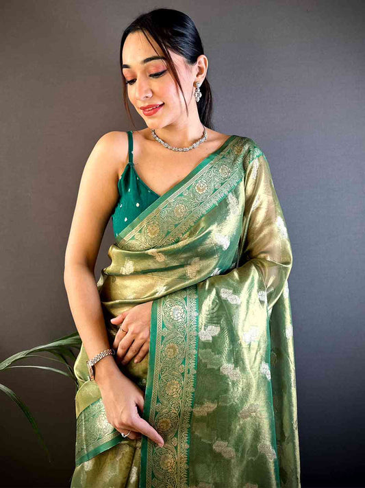 Serene Forest Green Kora Tissue Saree by My Store