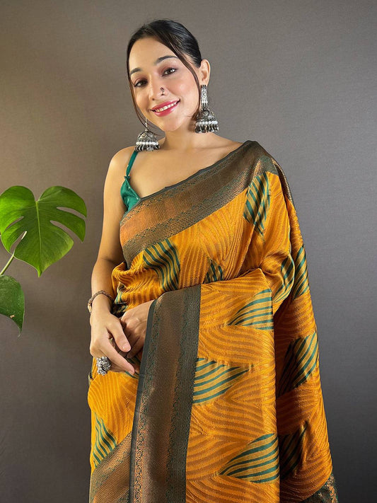 Mustard Tussar Silk Zari Weaving Ikkat Saree by My Store