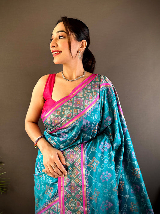 Sky Blue Pochampally Patola Soft Silk Saree by My Store