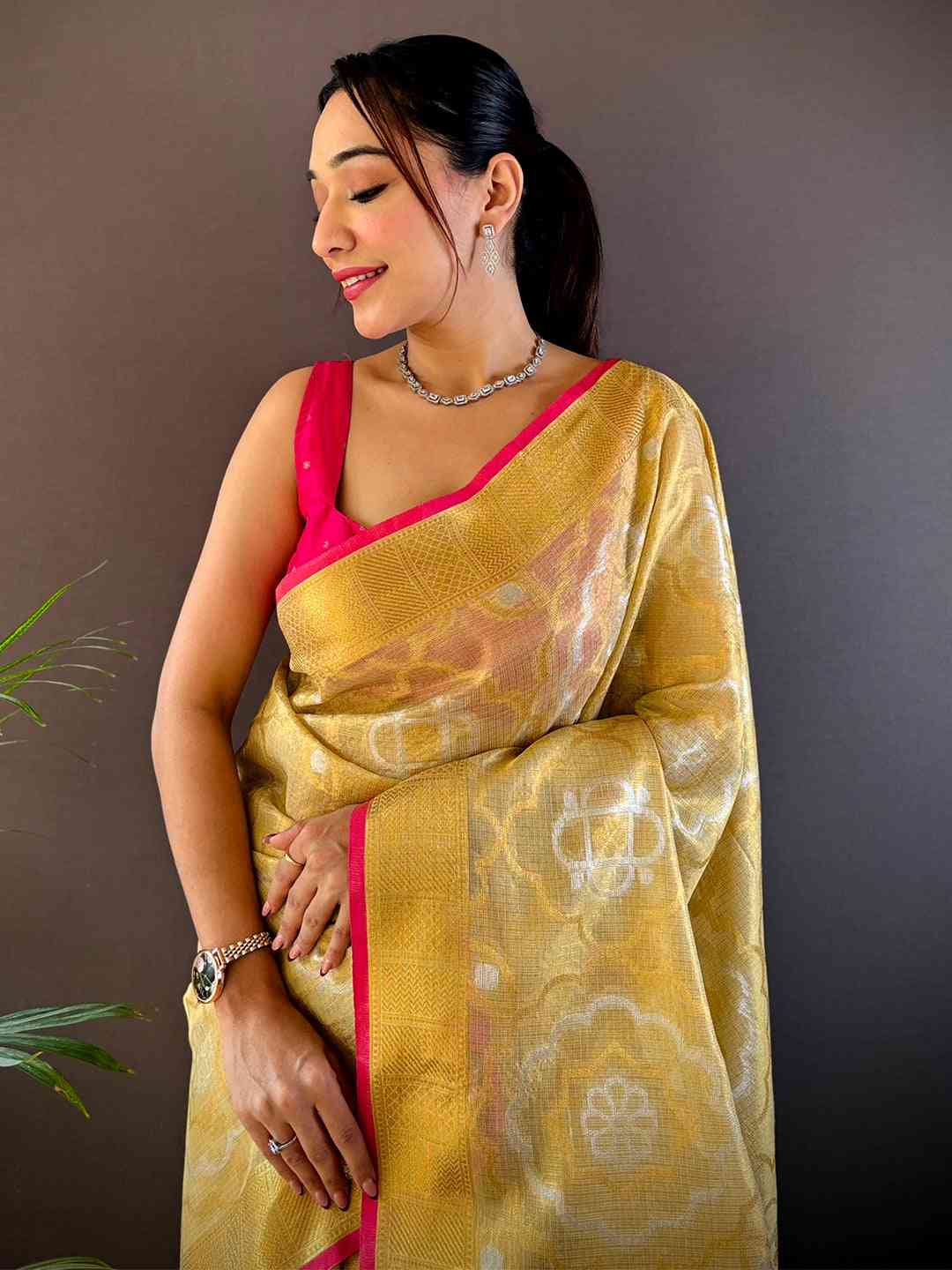 Minakari Floral Saree With Pink Tassels by My Store