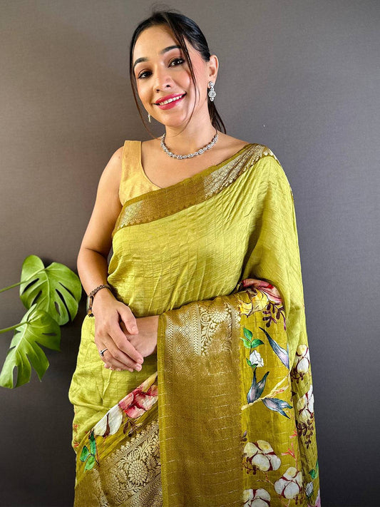 Light Green Floral Zari Chex Saree by My Store