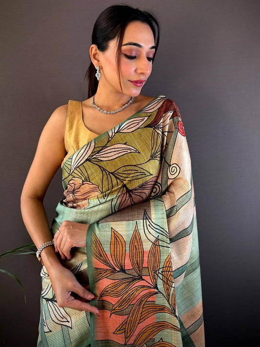 Turquoise Tussar Silk Floral Prints Saree
