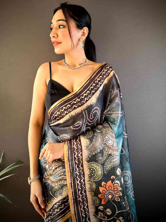 Steel Blue Kalamkari Bandhani Chanderi Saree by My Store