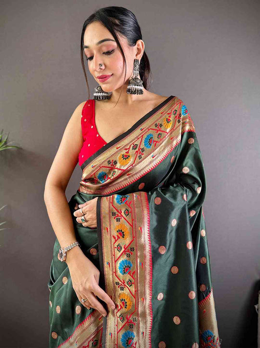 Dark Green Colour Yevla Paithani Soft Silk Saree by My Store