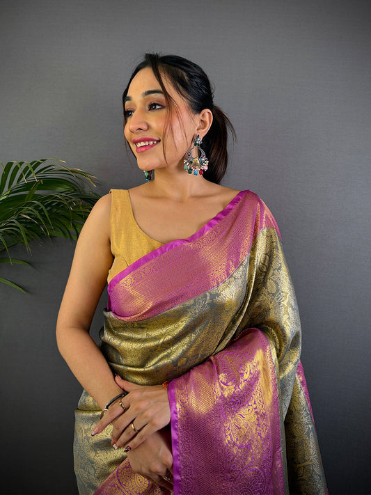 Grey Golden Threadwork Dharmavaram Saree by My Store