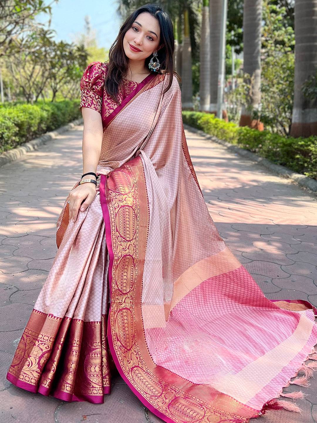 Brown Aura Soft Silk Saree With Kanjivaram Weaving Broced Zari Blouse by My Store