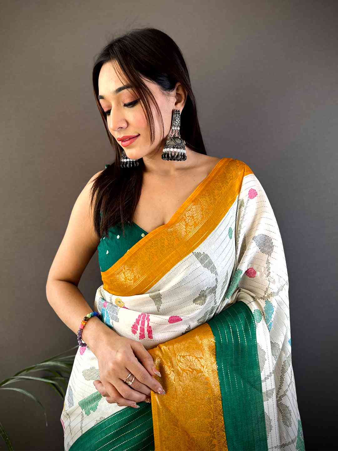 Mustard Dola Silk Bird Print Saree by My Store