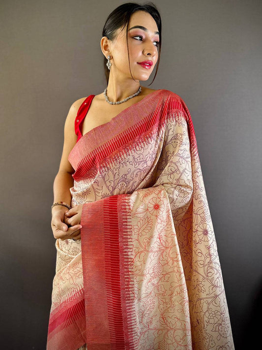 Rust Floral Tussar Silk Saree by My Store