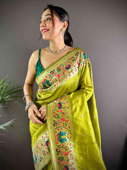 Pista Yevla Paithani Meenakari Saree by My Store