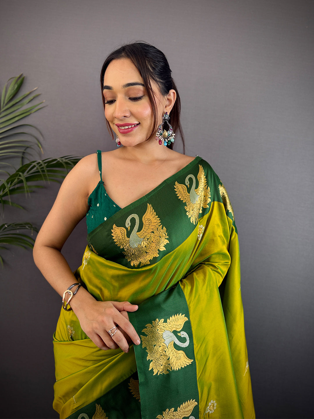 Green Swan Motif Soft Silk Saree by My Store