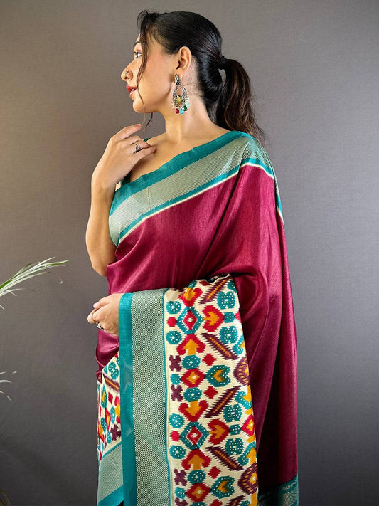 Maroon Patola Print Chanderi Saree by My Store