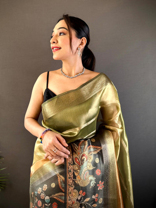 Green Tissue Kalamkari Print Saree by My Store