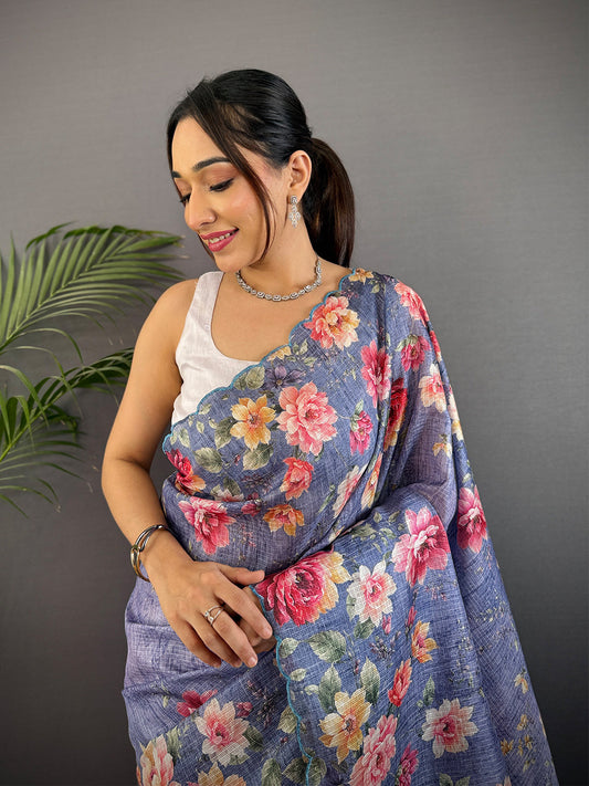 Denim Blue Kota Doriya Floral Cut Work Saree by My Store
