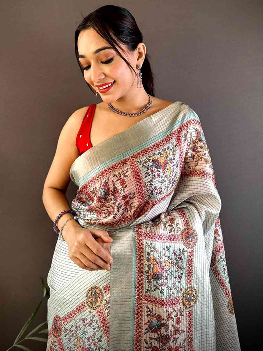 Graceful Mint Green Soft Silk Chex Saree by My Store