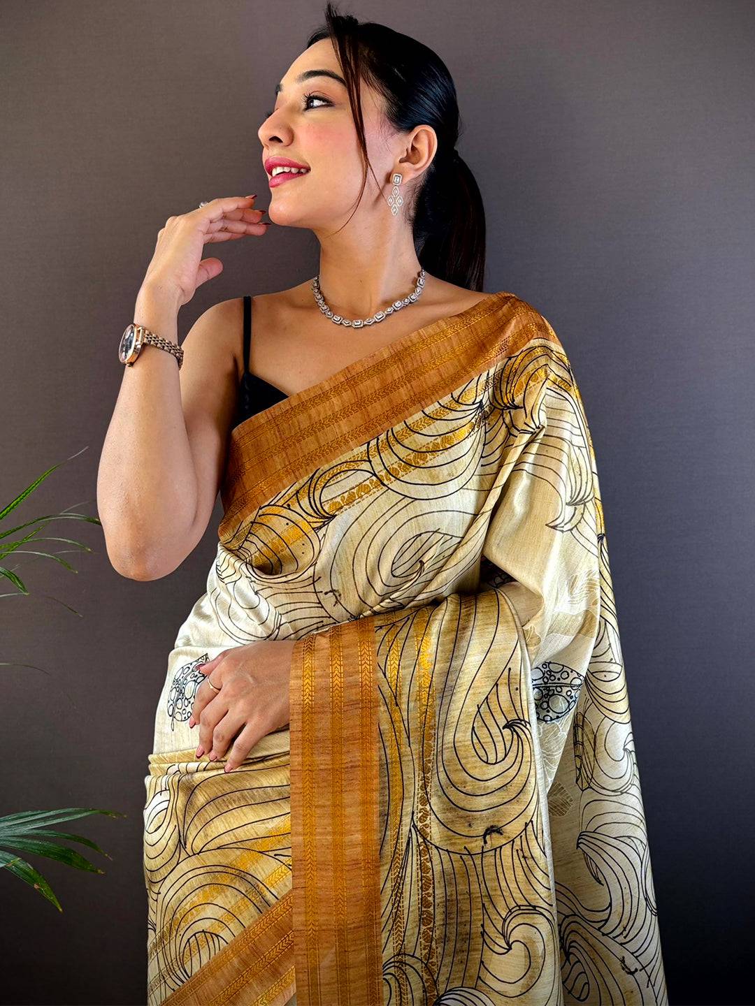 Olive Soft Silk Ocean Wave Patterns Saree by My Store