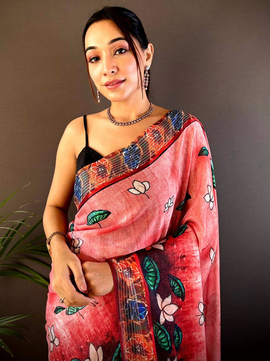 Pink Georgette Pichwai Print Saree by My Store