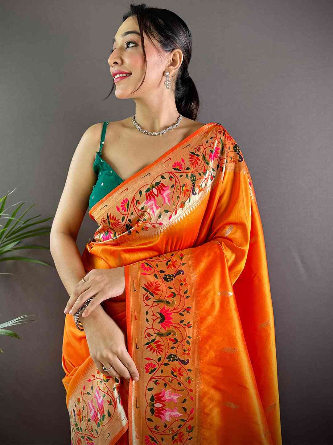 Orange Yevla Paithani Meenakari Saree by My Store