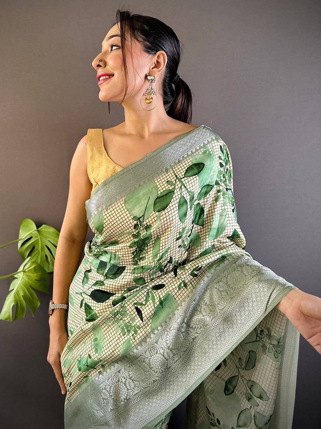 Leaf And Check Light Green Viscose Saree by My Store