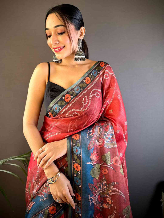 Red Tissue Bandhej Kalamkari Saree by My Store