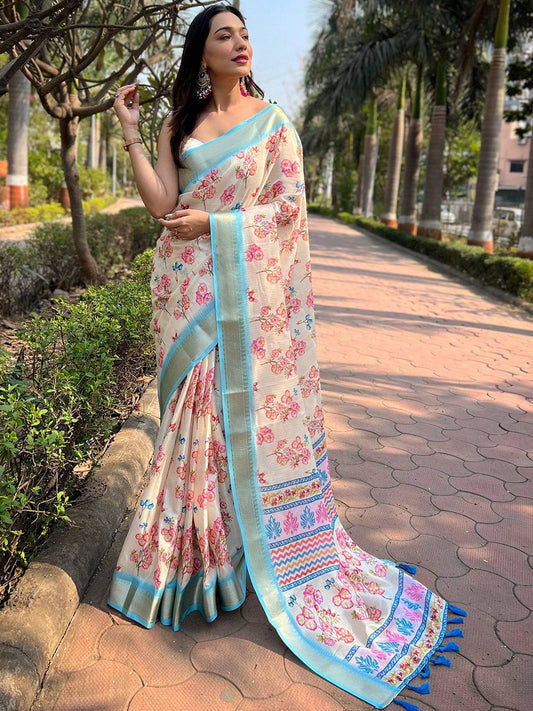 Cream Kota With Digital Floral Printed Saree by My Store