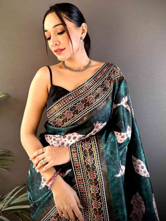 Dark Green Soft Silk Fish Kalamkari Saree by My Store
