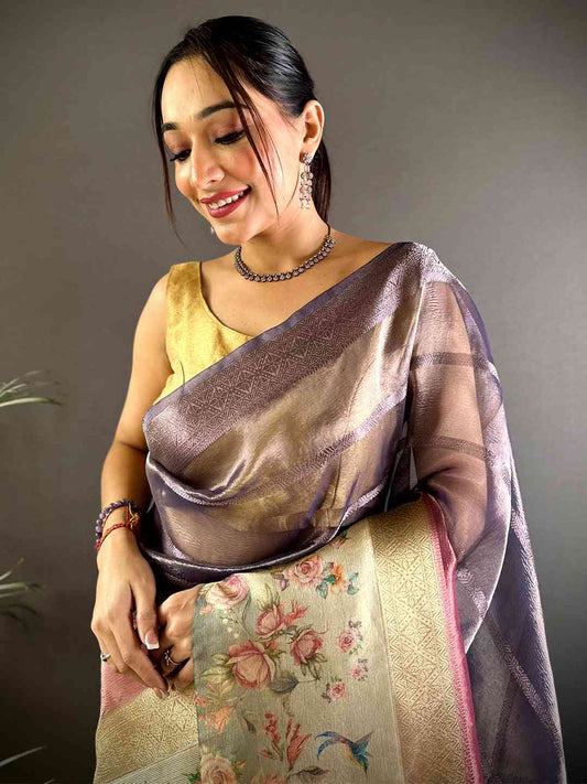Purple Ombre Zari Tissue Digital Print Saree by My Store