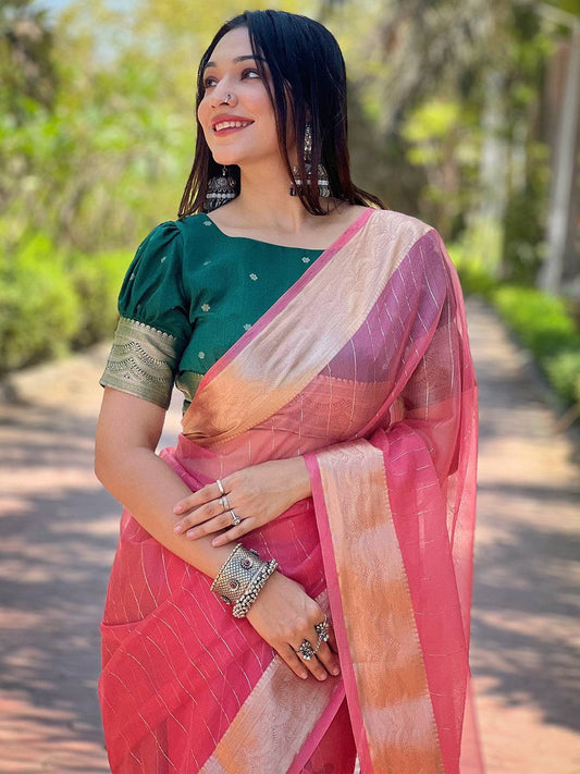 Dark Pink Pure Viscose Organza Saree With Fine Gold Zari Weaving Border by My Store