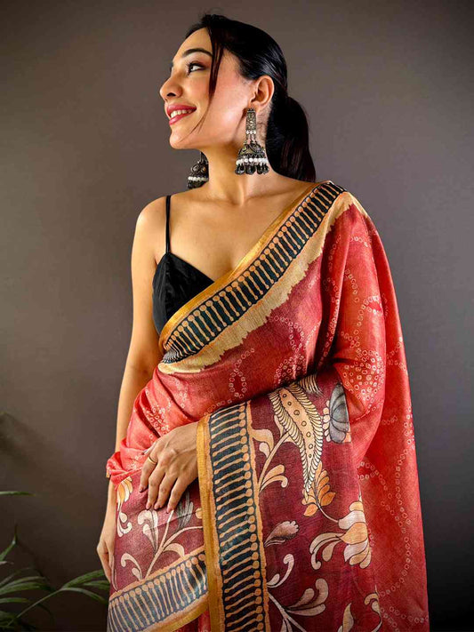 Rose Red Floral Chanderi Saree by My Store