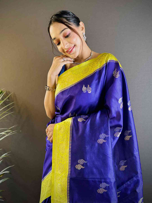 Elegant Purple Silk Saree with Gold Zari Accents by My Store