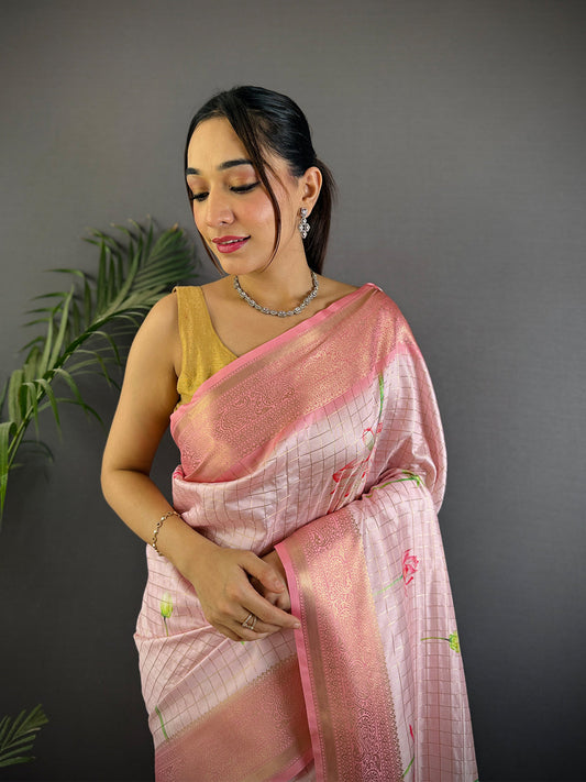 Rose Pink Banarasi Silk Digital Printed Saree by My Store