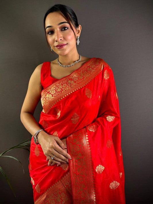 Red Soft Silk Saree With Gold Zari Mina Kari Pallu by My Store