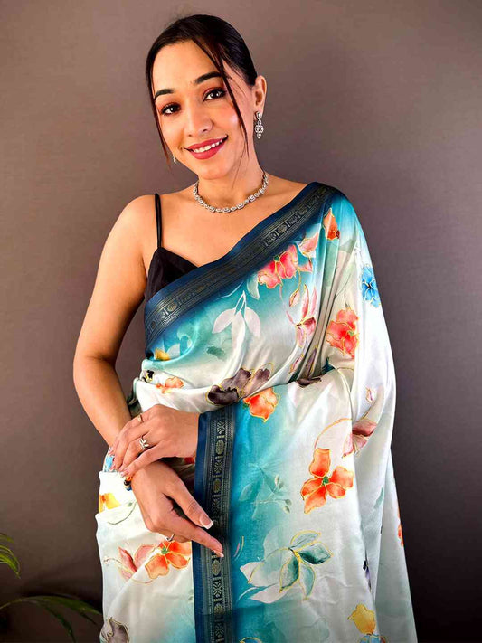 Powder Blue Floral Digital Print Silk Saree by My Store